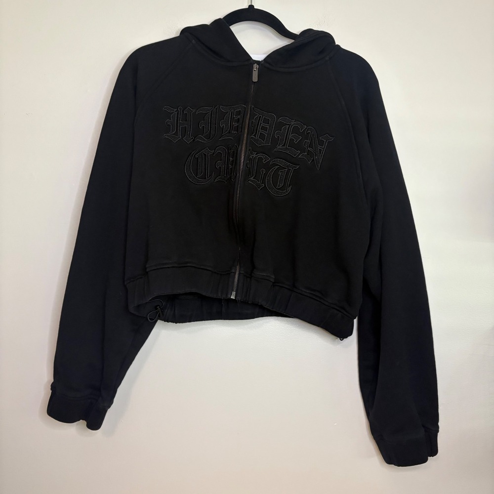 Black Zip-Up Hooded Sweatshirt with Front Script
